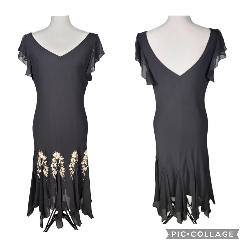 Vintage 90s Y2K SL Fashions Black Beaded Embroidered Midi Dress Size 14 Gatsby